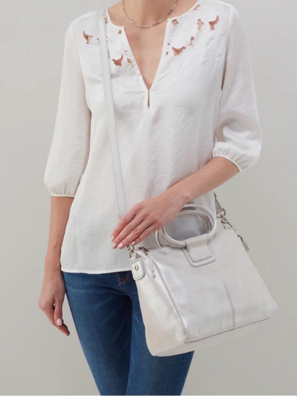 Hobo Sheila medium Metallic Silver Leather Satchel Bag - Shoulder & Hand Carry - Picture 5 of 5